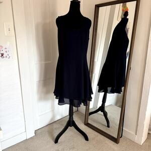 Women's Navy Blue Midi Dress - Elegant Layered Chiffon